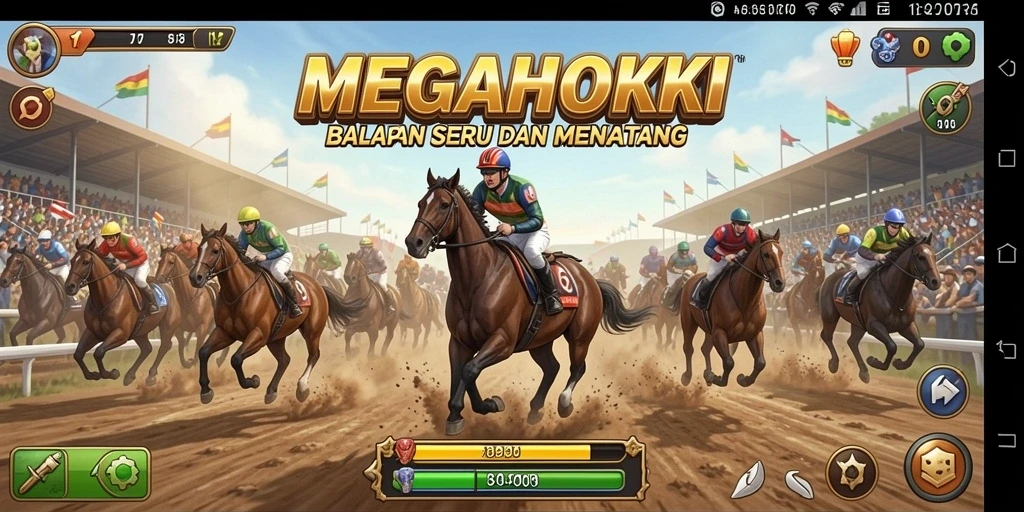 Tampilan gameplay balapan seru MEGAHOKI dengan berbagai kendaraan.